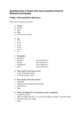 Questionnaire to Those Who Have Recently Moved to Älmhult Municipality