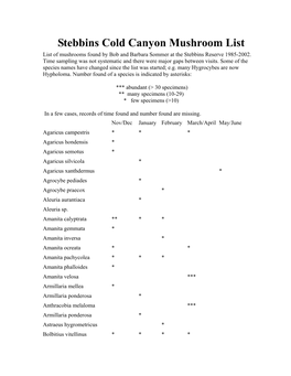 Stebbins Cold Canyon Mushroom List List of Mushrooms Found by Bob and Barbara Sommer at the Stebbins Reserve 1985-2002