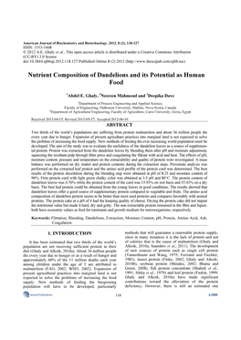 Nutrient Composition of Dandelions and Its Potential As Human Food