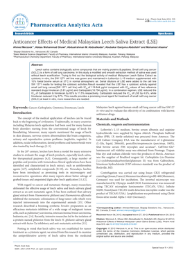 Anticancer Effects of Medical Malaysian Leech Saliva Extract (LSE) Ahmed Merzouk1*, Abbas Mohammad Ghawi2, Abdualrahman M