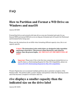 FAQ How to Partition and Format a WD Drive on Windows and Macos Rive Displays a Smaller Capacity Than the Indicated Size On