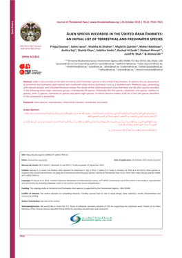 Alien Species Recorded in the United Arab Emirates: an Initial List of Terrestrial and Freshwater Species