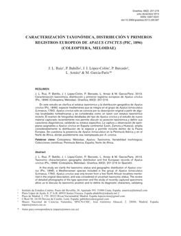 Caracterización Taxonómica, Distribución Y Primeros Registros Europeos De Apalus Cinctus (Pic, 1896)(Coleoptera, Meloidae)