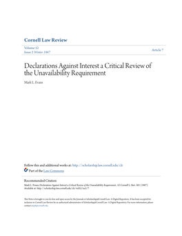 Declarations Against Interest a Critical Review of the Unavailability Requirement Mark L