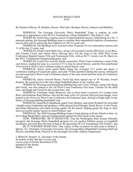 SENATE RESOLUTION 8729 by Senators Murray, B. Sheldon, Deccio, Mccaslin, Sheahan, Brown, Johnson and Mulliken WHEREAS, the Gonza