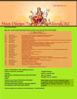 Maa Durga Temple, Auckland, NZ Monthly Newsletter
