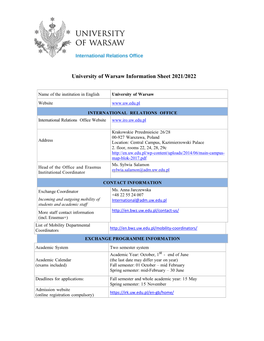 University of Warsaw Information Sheet 2021/2022