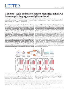 Genome-Scale Activation Screen Identifies a Lncrna Locus Regulating a Gene Neighbourhood Julia Joung1,2,3,4, Jesse M