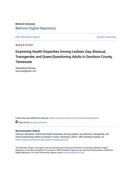 Examining Health Disparities Among Lesbian, Gay, Bisexual, Transgender, and Queer/Questioning Adults in Davidson County, Tennessee