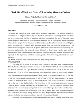 Checklist of Medicinal Plants of Siran Valley, Mansehra, Pakistan