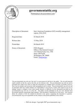 Inter-American Foundation (IAF) Monthly Management Reports, 2016-2018