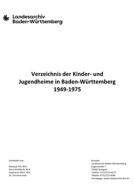 Verzeichnis Der Kinder- Und Jugendheime in Baden-Württemberg 1949-1975