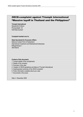 OECD-Complaint Against Triumph International “Massive Layoff in Thailand and the Philippines”