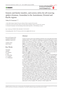 Generic and Family Transfers, and Nomina Dubia for Orb-Weaving Spiders (Araneae, Araneidae) in the Australasian, Oriental and Pacific Regions