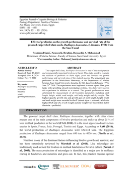 Effect of Probiotics on the Growth Performance and Survival Rate of the Grooved Carpet Shell Clam Seeds, Ruditapes Decussatus, (Linnaeus, 1758) from the Suez Canal