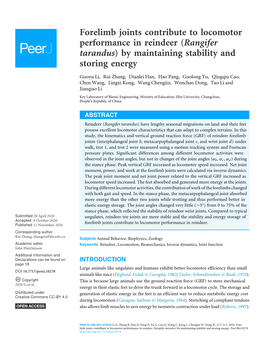 Forelimb Joints Contribute to Locomotor Performance in Reindeer (Rangifer Tarandus) by Maintaining Stability and Storing Energy