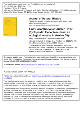 A New Acanthocyclops Kiefer, 1927 (Cyclopoida: Cyclopinae) from an Ecological Reserve in Mexico City Nancy F