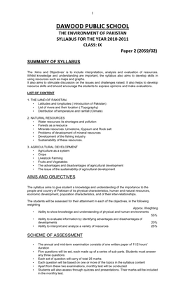 DAWOOD PUBLIC SCHOOL the ENVIRONMENT of PAKISTAN SYLLABUS for the YEAR 2010-2011 CLASS: IX Paper 2 (2059/02)