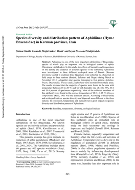 Species Diversity and Distribution Pattern of Aphidiinae (Hym.: Braconidae) in Kerman Province, Iran