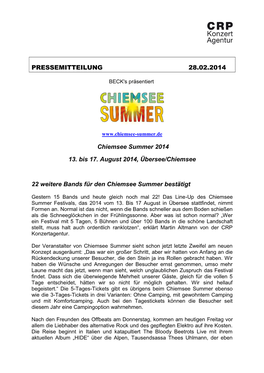 PRESSEMITTEILUNG 28.02.2014 Chiemsee Summer 2014 13. Bis