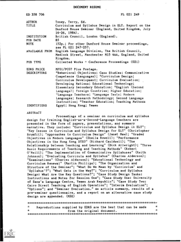 Curriculum and Syllabus Design in ELT. Report on the Dunford House Seminar (England, United Kingdom, July 16-26, 1984)