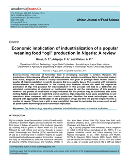 Economic Implication of Industrialization of a Popular Weaning Food “Ogi” Production in Nigeria: a Review