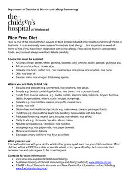 Rice Free Diet Rice Is One of the Most Common Causes of Food Protein Induced Enterocolitis Syndrome (FPIES) in Australia