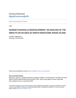 Quonset-Davisville Redevelopment: an Analysis of the Impacts on an Area of North Kingstown, Rhode Island