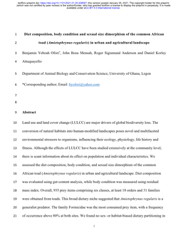 Diet Composition, Body Condition and Sexual Size Dimorphism of the Common African