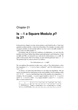 Chapter 21: Is -1 a Square Modulo P? Is 2?