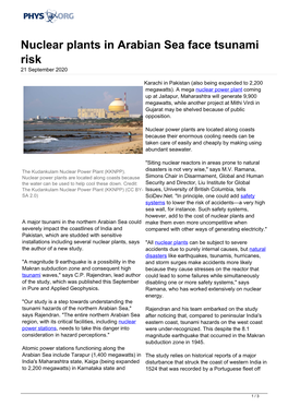 Nuclear Plants in Arabian Sea Face Tsunami Risk 21 September 2020