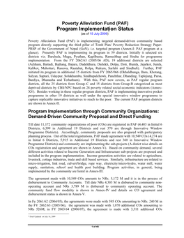 Program Implementation Status (As of 15 July 2009)*