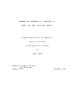 91P4D148-1-31 T ORGANOMETALLIC COMPOUNDS of BORON and SOME TRANSITION METALS a Thesis Submitted for the Degree of Doctor Of