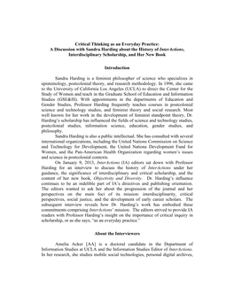 A Discussion with Sandra Harding About the History of Interactions, Interdisciplinary Scholarship, and Her New Book