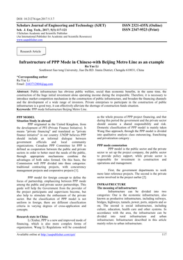 Infrastructure of PPP Mode in Chinese-With Beijing Metro Line As an Example Ru Yue Li Southwest Jiao Tong University, Jiao Da RD