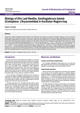 Biology of Elm Leaf Beetles Xanthogaleruca Luteola (Coleoptera: Chrysomelidae) in Kurdistan Region-Iraq