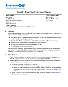 Specialty Drugs Requiring Precertification