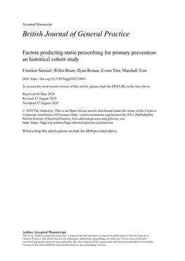 Factors Predicting Statin Prescribing for Primary Prevention: an Historical Cohort Study