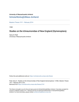 Studies on the Ichneumonidae of New England (Hymenoptera)