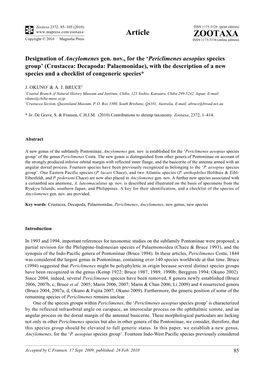 Zootaxa, Designation of Ancylomenes Gen. Nov., for the 'Periclimenes