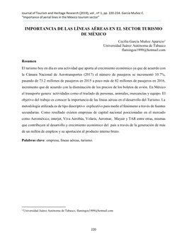 IMPORTANCIA DE LAS LÍNEAS AÉREAS EN EL SECTOR TURISMO DE MÉXICO Cecilia García Muñoz Aparicio1 Universidad Juárez Autónoma De Tabasco Flamingos1999@Hotmail.Com