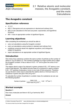 2.1 Relative Atomic and Molecular Masses, the Avogadro Constant, and the Mole Calculations AQA Chemistry