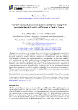 Four New Species of Heteromysis (Crustacea: Mysida) from Public Aquaria in Hawaii, Florida, and Western to Central Europe