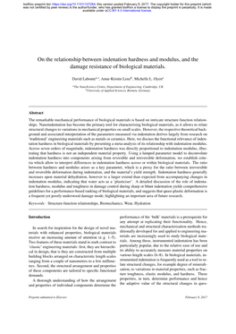 On the Relationship Between Indenation Hardness and Modulus, and the Damage Resistance of Biological Materials