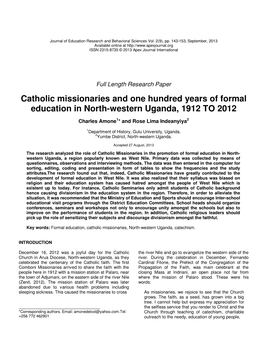 Catholic Missionaries and One Hundred Years of Formal Education in North-Western Uganda, 1912 to 2012