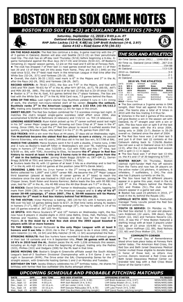 BOSTON RED SOX GAME NOTES BOSTON RED SOX (78-63) at OAKLAND ATHLETICS (70-70)