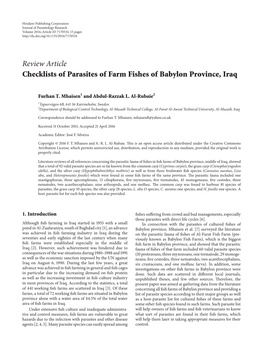 Checklists of Parasites of Farm Fishes of Babylon Province, Iraq