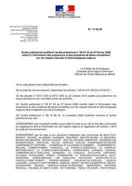 Arrêté Préfectoral Modifiant L'arrêté Préfectoral N° 06 01 54 Du 07 Février