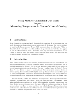 Using Math to Understand Our World Project 1 Measuring Temperature & Newton’S Law of Cooling