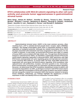 ETV4 Collaborates with Wnt/Β-Catenin Signaling to Alter Cell Cycle Activity and Promote Tumor Aggressiveness in Gastrointestinal Stromal Tumor